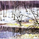 水彩画展に出される甲本喜胤さんの「瀞川湿原の残雪」（本人提供）