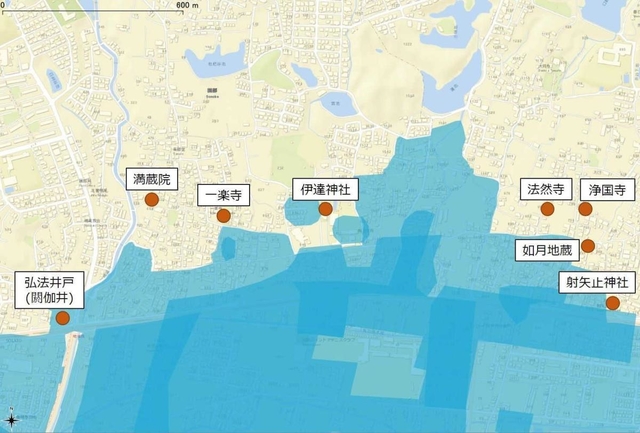 和歌山市・伊達神社周辺の浸水想定域。主に寺社仏閣を避けるように浸水している