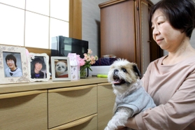 事故後に飼った愛犬「めい」と一緒に写真を見ながら宏一さんと夢との思い出を語る小前恵さん＝三田市