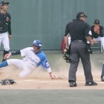 ホームインする神戸三田ブレイバーズの選手＝アメニスキッピースタジアム
