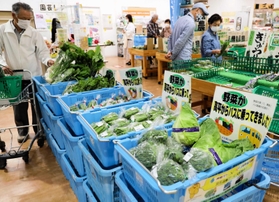 店頭に並んだ野菜＝三田市川除