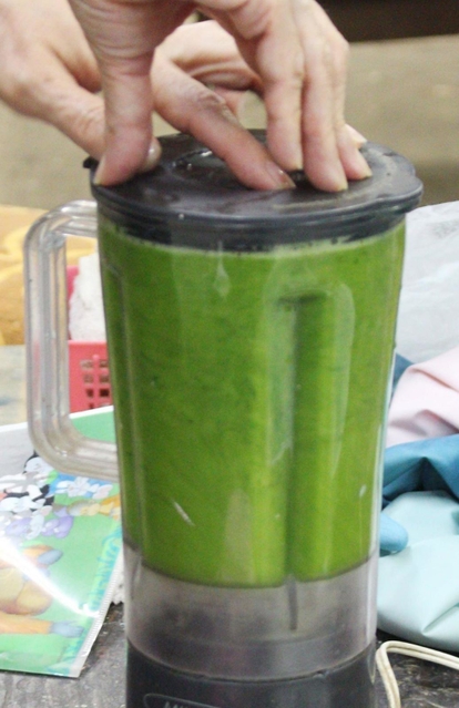 葉をミキサーでかくはんする＝三田市藍本