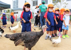 鳥に取り囲まれ、動けなくなる子どもたち＝三田市ゆりのき台５