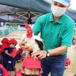 頭に鶏が乗って「わー」＝三田市ゆりのき台５