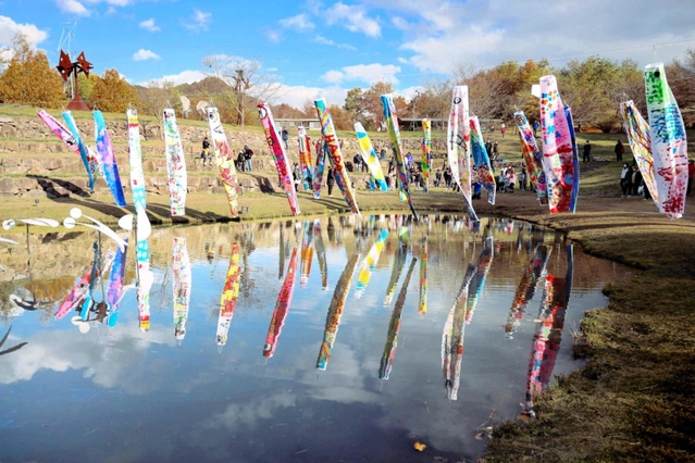 完成した「元気のぼり」。池の水面に青空と共に映し出された＝三田市尼寺