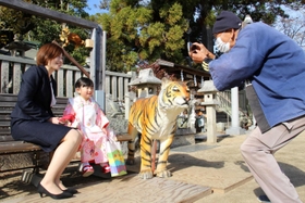 本物そっくりな虎の置物と記念撮影＝三田市天神３