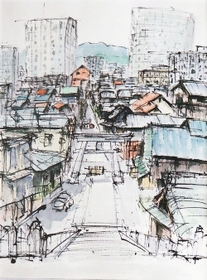 植物の葦の茎を使った「葦ペン」使い風景画 中西征雄さん作品展 三田