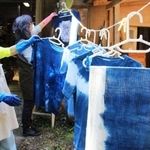 Ｔシャツやストールを思い思いに染める「藍♡染めの会」のメンバー＝三田市藍本