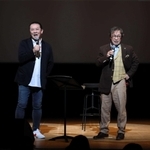 講演した武田鉄矢さん（右）と三又又三さん＝三田市天神１