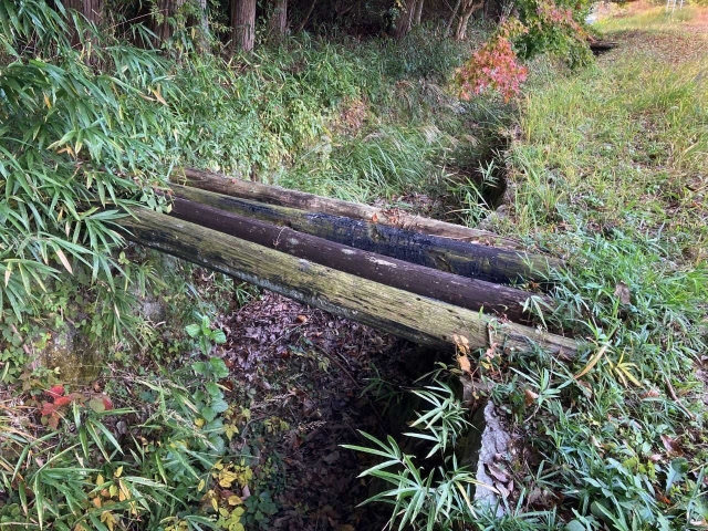 水路に丸太を架けただけの「勝手橋」＝兵庫県内（提供）