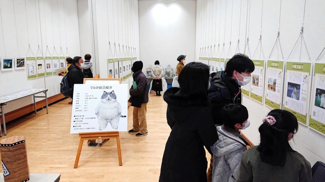 新聞パネルや複製原画など約１００点が並ぶ会場＝三田郷の音ホール