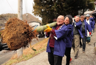 根の付いた状態で掘り出した竹を運ぶ「蔵王松明講」の行者ら＝三田市波豆川