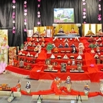 三つの七段飾りが連なった華やかなひな飾り＝三田市上井沢、広野市民センター