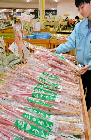 直売所「パスカルさんだ一番館」に並ぶ三田うど＝三田市川除