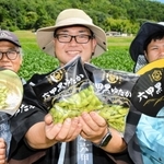 六甲黒ゆたかやうちわを手に魅力を語る生産者ら＝三田市木器