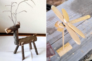里山整備で伐採した木を使った作品（左）や、竹で作ったトンボ（いずれも三田市提供）