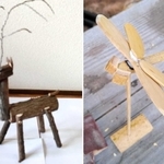 里山整備で伐採した木を使った作品（左）や、竹で作ったトンボ（いずれも三田市提供）