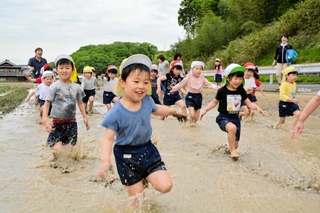 歓声を上げて田んぼの中を駆け回る園児ら＝三田市池尻