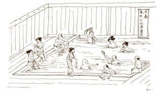 江戸時代の有馬温泉の入浴風景が描かれた「合幕男女入込湯之図」（「滑稽有馬紀行」より）を基にしたイラスト