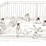 江戸時代の有馬温泉の入浴風景が描かれた「合幕男女入込湯之図」（「滑稽有馬紀行」より）を基にしたイラスト