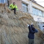 ２０２５年１２月、児童はウド小屋作りに取り組んだ＝三田市東本庄