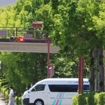 １９日午後、熱せられた路上に出現した「逃げ水」＝三田市けやき台３