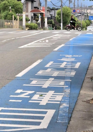 市内の道路にある自転車専用レーン＝三田市西山２