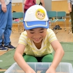 実際にカメに触れる子どもら＝三田市福島