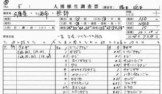 森の写真と同一地点で調査した資料の一部。林高や茂り方、生育する種が詳しく記録されている