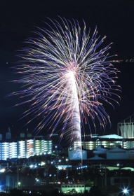 赤穂の夜空を彩った花火。約５分間で４７発が打ち上げられた＝赤穂市内