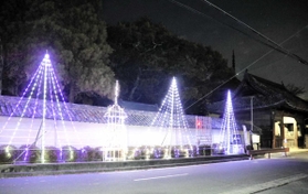 イルミネーションで飾られた斑鳩寺の塀＝太子町鵤