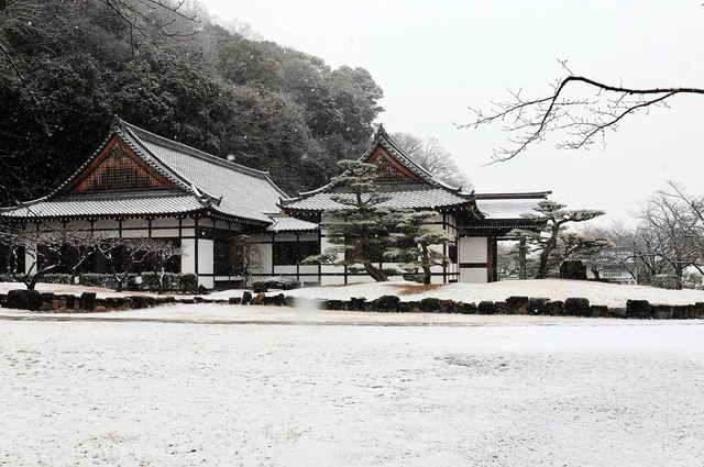 庭園が白く雪に覆われた龍野城御殿＝たつの市龍野町上霞城