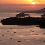 夕焼けに染まる海でシルエットになる養殖いかだ＝たつの市御津町から