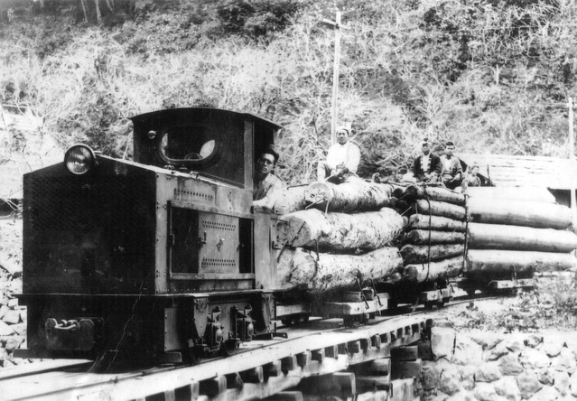 木材を積んで走る波賀森林鉄道（昭和２０年代、宍粟市提供）