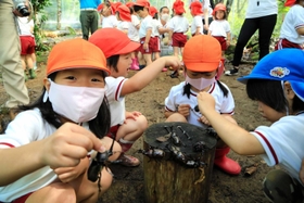 カブトムシの角をつまんで喜ぶ園児＝リフレッシュパーク市川
