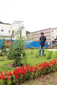 商店街の一角の畑で水やりをする安岡好光さん＝佐用町佐用