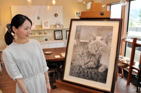 猫への愛情がこもった鉛筆画＝赤穂市新田