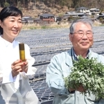 奥本幸正さん（右）が栽培するヨモギの視察に訪れた化粧品メーカー「シロ」の今井浩恵会長＝上郡町正福寺