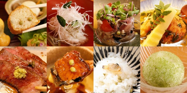 摘みたての実や木の芽を使った料理＝姫路市塩町
