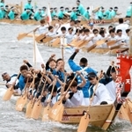 前回のペーロン競漕。水しぶきを上げて力強く進む＝２０１９年５月２６日、相生湾