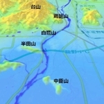 「粒丘」の候補地は中臣山が定説だが、半田山説、台山説もある。鶏籠山は中世に山城となった（国土地理院・デジタル標高地形図を加工）