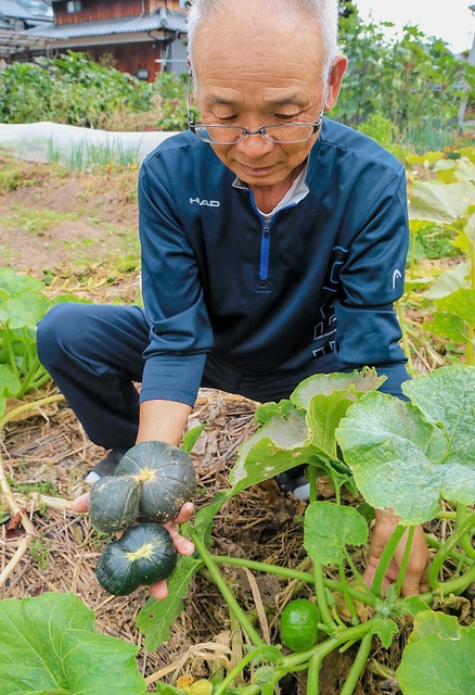 ２個がくっついた実と、通常の丸い実を持つ中安さん＝福崎町