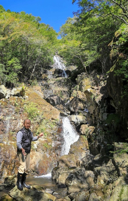 木々を伐採して見えるようになった太田の滝と藤原道広さん＝神河町南小田