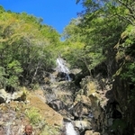 木々を伐採して見えるようになった太田の滝と藤原道広さん＝神河町南小田