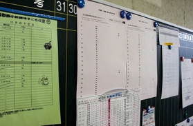 赤穂西小の事務室に張られている時刻表。通学や校外活動に赤穂線は欠かせない＝赤穂市鷆和