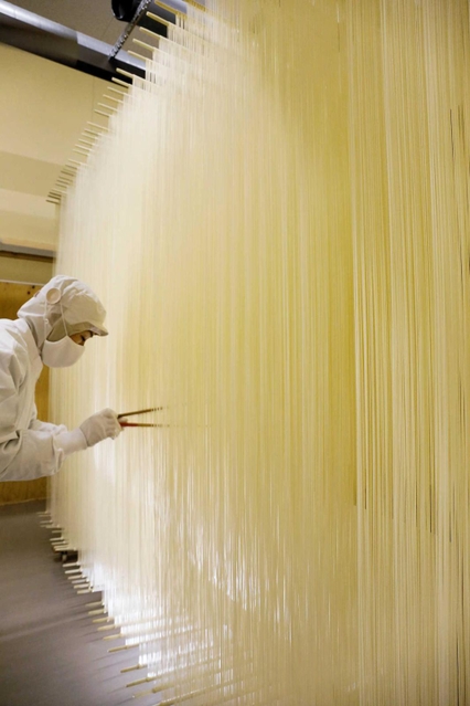 細く、白く輝くそうめんを箸でより分ける作業＝宍粟市一宮町西深