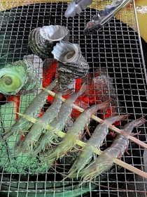 バーベキューではカキ以外の魚介類も楽しめる＝たつの市御津町