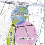 線で囲った部分が区画整理の対象エリア。「沿道利用ゾーン」に大型商業施設の誘致を目指す（たつの市の提供資料を加工）