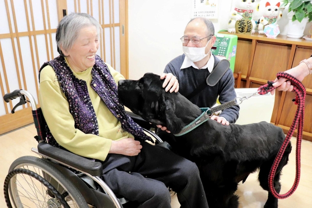 ）「わんにゃんスタッフ」のイヌと触れ合う利用者＝佐用町志文