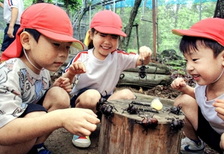 カブトムシを並べて観察する子どもたち＝リフレッシュパーク市川